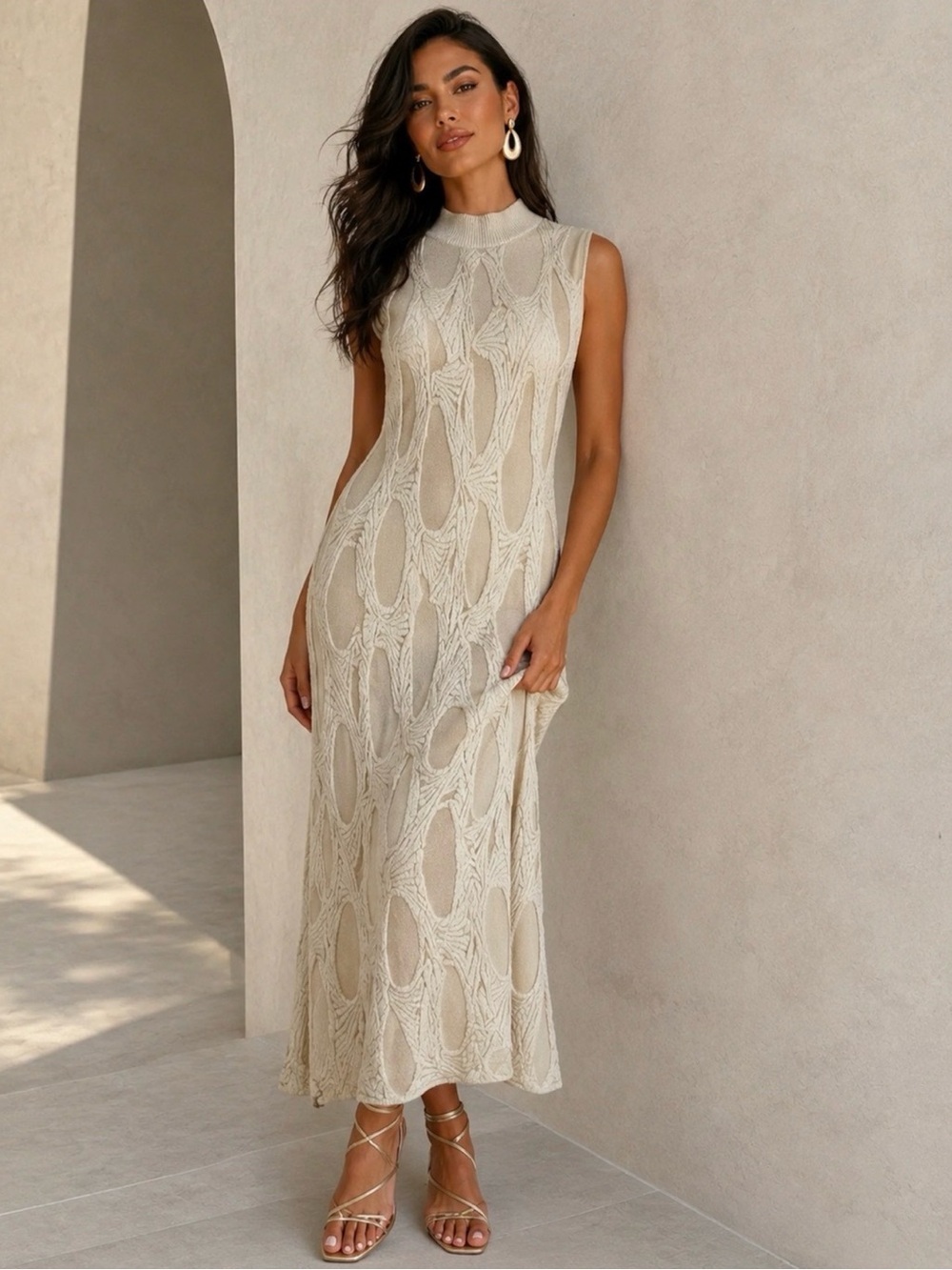 Zara Sleeveless Cream Sleeveless Textured Maxi Dress